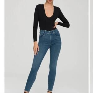 Good American Good Legs Fray Waistband High Rise Skinny Jeans Dark Blue 00/24